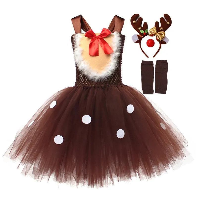 Girls' Christmas Dress 2024 New Cute Elk Strap Mesh Skirt Carnival Christmas Performance Costume  Playful Reindeer Costume