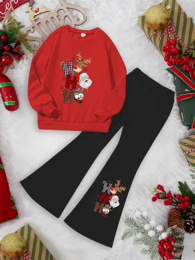 Girls' Christmas Reindeer Santa Snowman Print 2-Piece Set, Casual Polyester Knit Sweatshirt and Flared Pants, Cartoon Patchwork, Regular Fit, Stretch Fabric, Holiday Outfit for Kids, For Outdoor