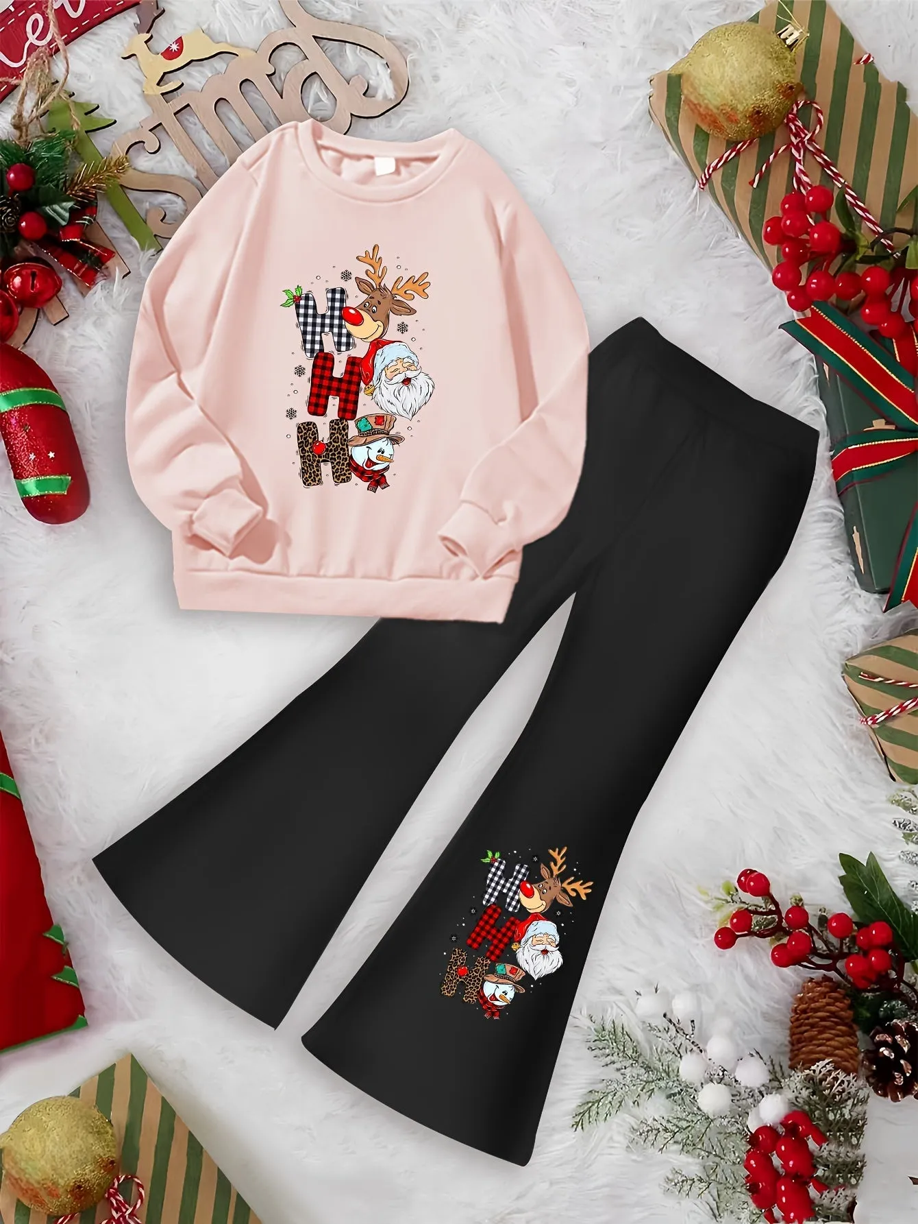 Girls' Christmas Reindeer Santa Snowman Print 2-Piece Set, Casual Polyester Knit Sweatshirt and Flared Pants, Cartoon Patchwork, Regular Fit, Stretch Fabric, Holiday Outfit for Kids, For Outdoor