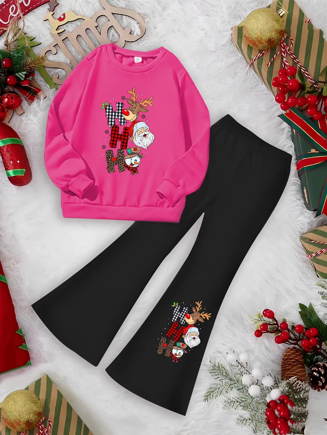 Girls' Christmas Reindeer Santa Snowman Print 2-Piece Set, Casual Polyester Knit Sweatshirt and Flared Pants, Cartoon Patchwork, Regular Fit, Stretch Fabric, Holiday Outfit for Kids, For Outdoor