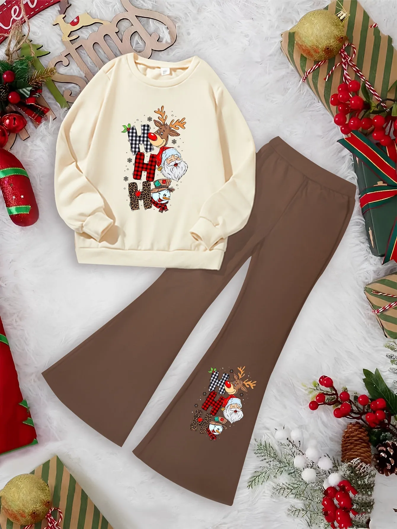 Girls' Christmas Reindeer Santa Snowman Print 2-Piece Set, Casual Polyester Knit Sweatshirt and Flared Pants, Cartoon Patchwork, Regular Fit, Stretch Fabric, Holiday Outfit for Kids, For Outdoor