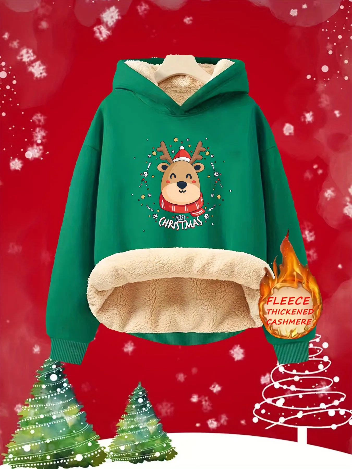 Girls' Fleece-Lined Hooded Sweatshirt Casual Knit Polyester 100% with Cute Reindeer Christmas Print for Fall/Winter Season – Loose Fit Comfortable Pullover for Kids aged 12 and Under