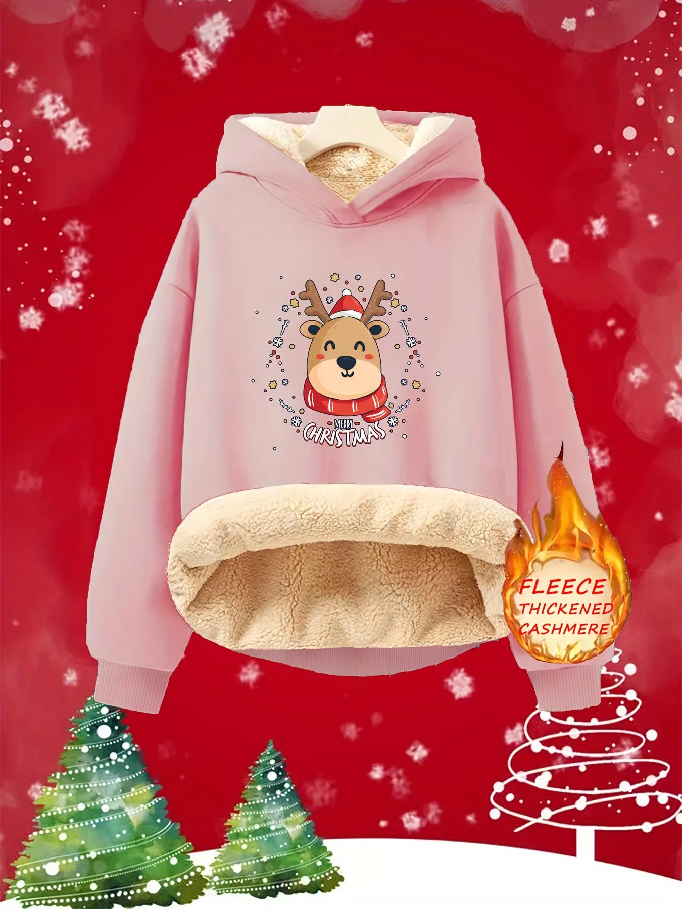 Girls' Fleece-Lined Hooded Sweatshirt Casual Knit Polyester 100% with Cute Reindeer Christmas Print for Fall/Winter Season – Loose Fit Comfortable Pullover for Kids aged 12 and Under