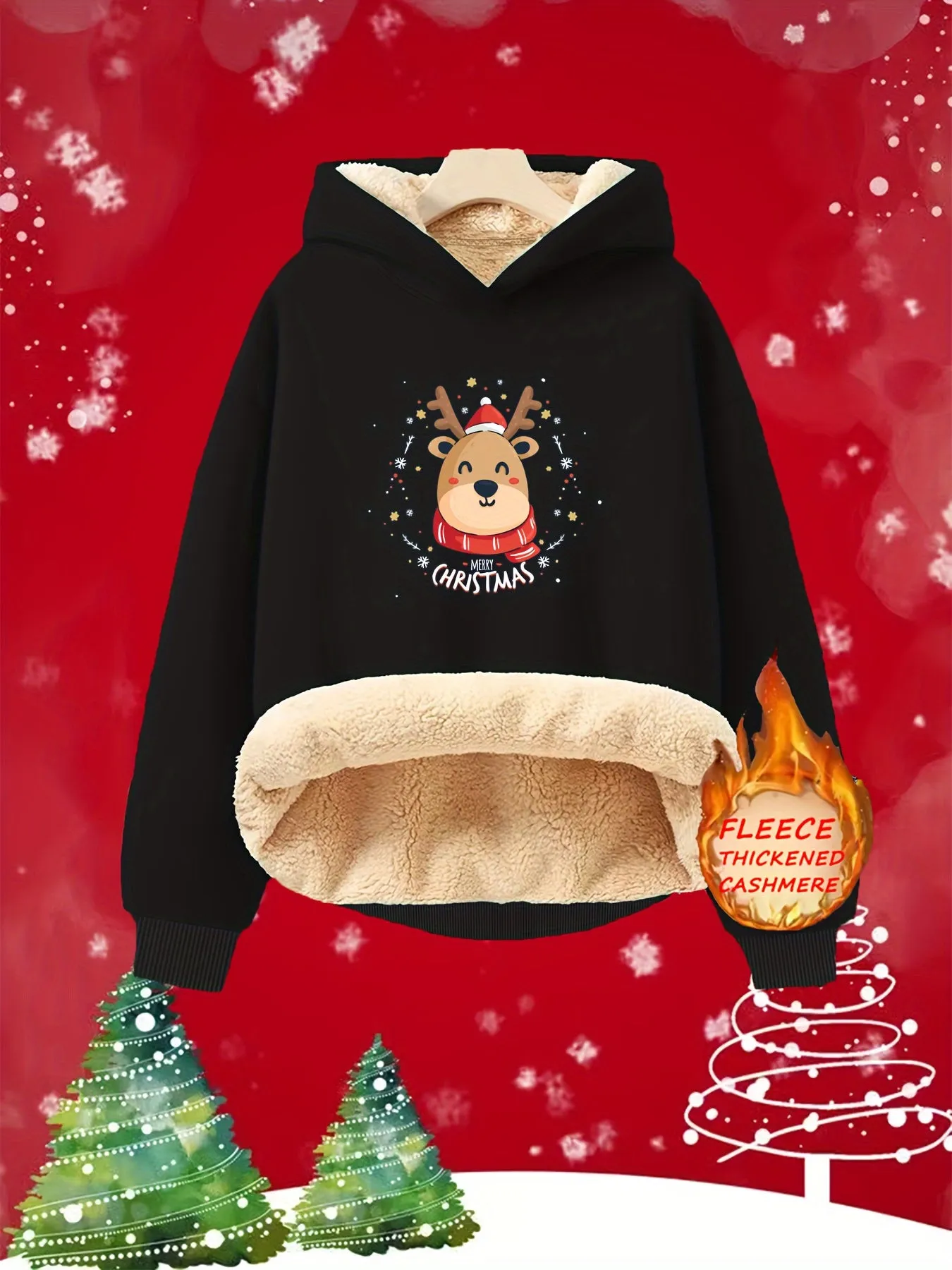 Girls' Fleece-Lined Hooded Sweatshirt Casual Knit Polyester 100% with Cute Reindeer Christmas Print for Fall/Winter Season – Loose Fit Comfortable Pullover for Kids aged 12 and Under