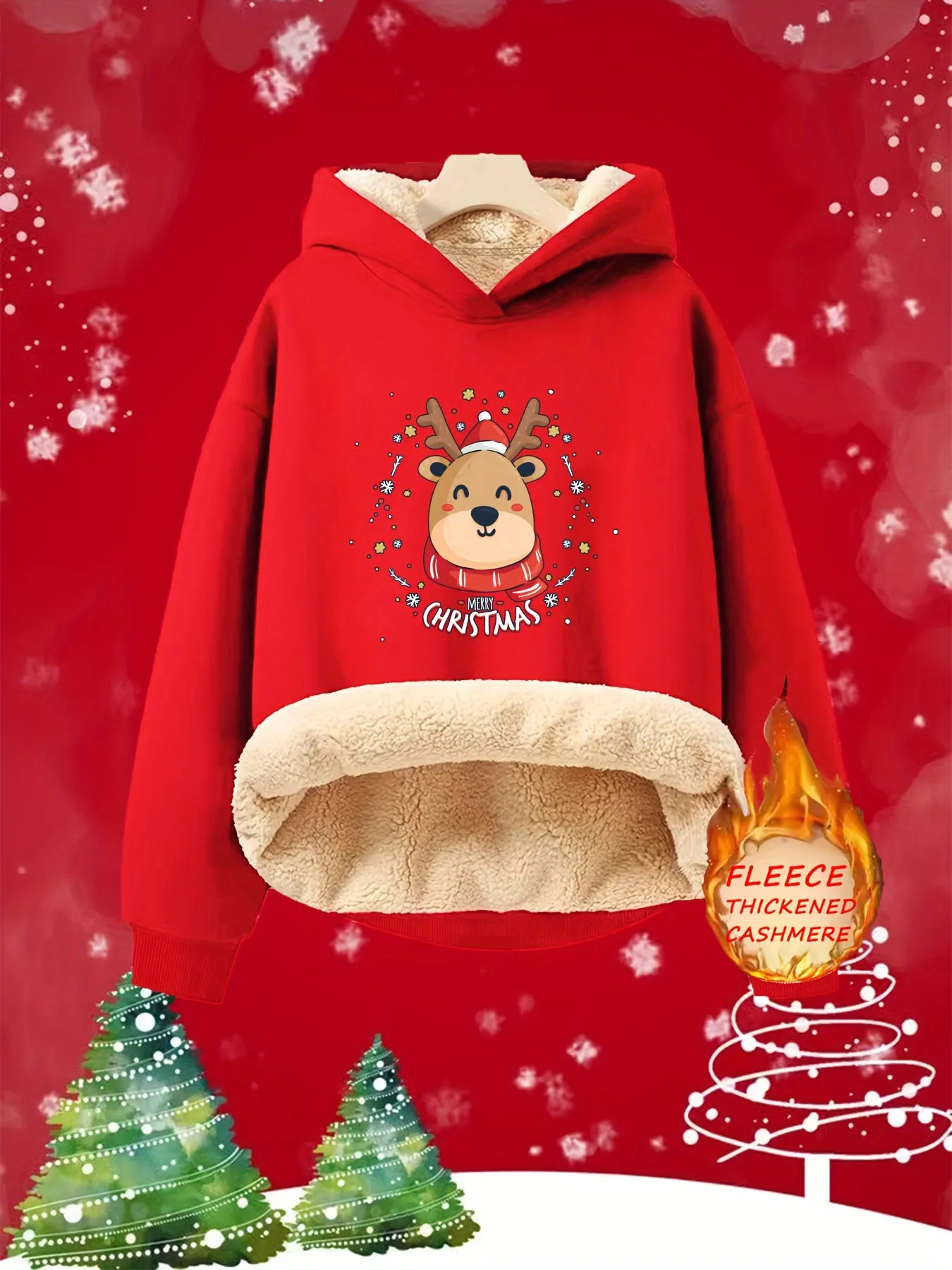 Girls' Fleece-Lined Hooded Sweatshirt Casual Knit Polyester 100% with Cute Reindeer Christmas Print for Fall/Winter Season – Loose Fit Comfortable Pullover for Kids aged 12 and Under