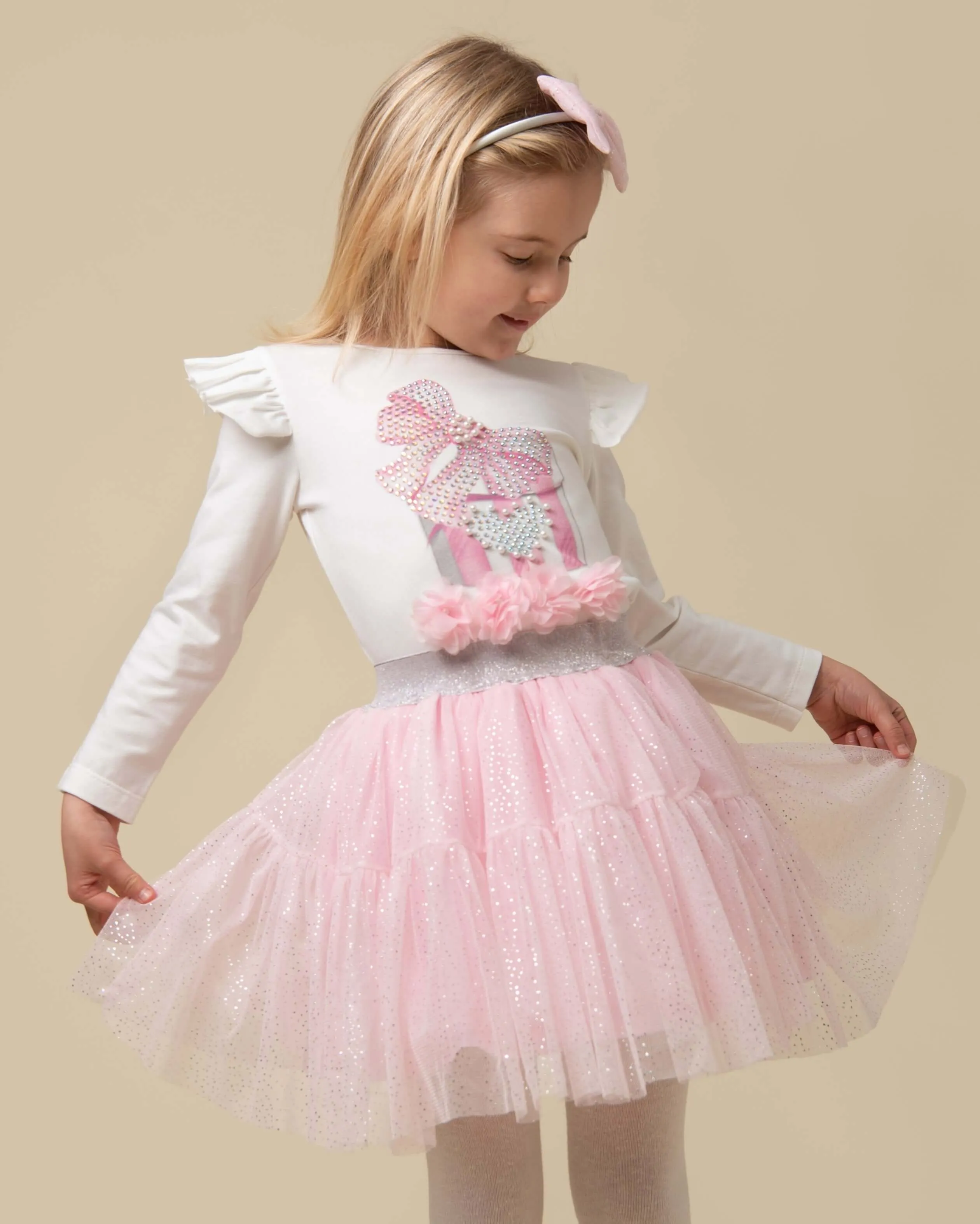 Girls Pink Tulle Present Sparkle Skirt Set