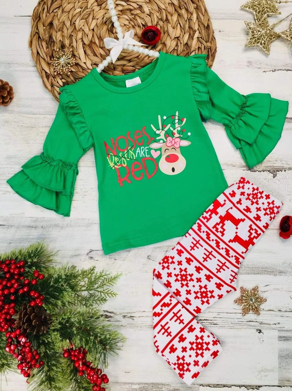 Girls Ruffled 3/4 Sleeve "Noses Are Red" Rudolph Print Top And Reindeer Print Leggings