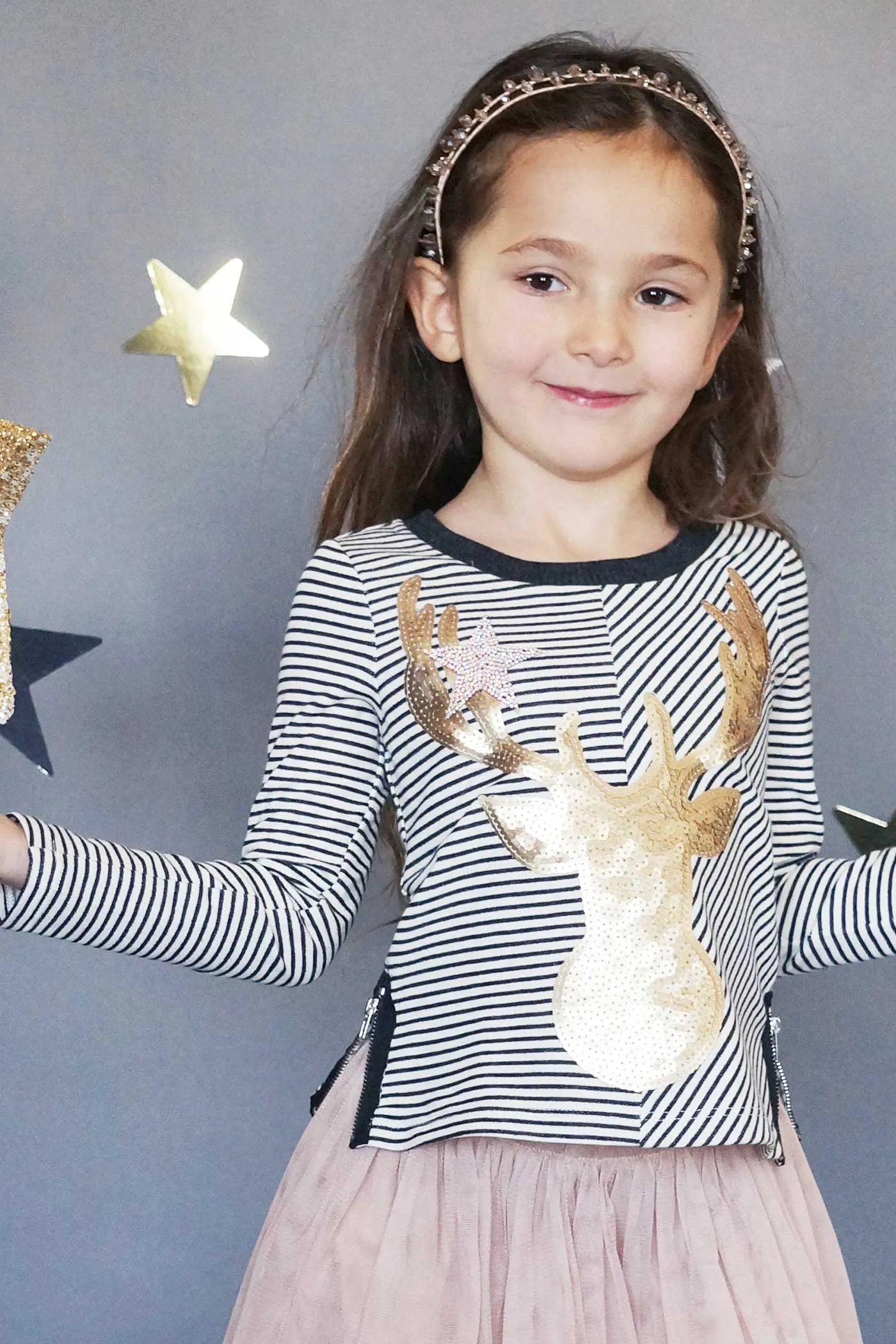 Girls Striped Long Sleeve Gold Sequin Reindeer Top