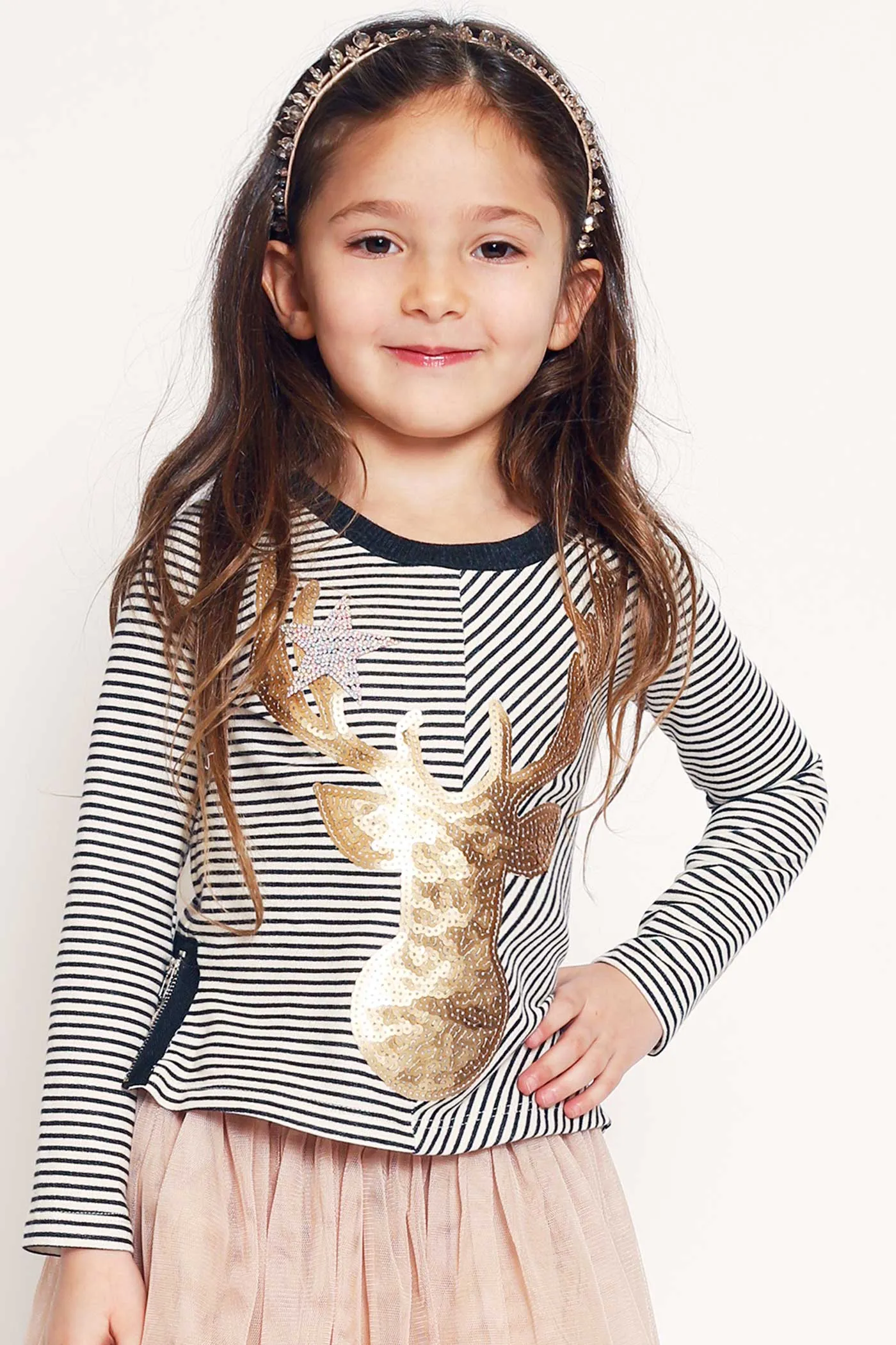 Girls Striped Long Sleeve Gold Sequin Reindeer Top