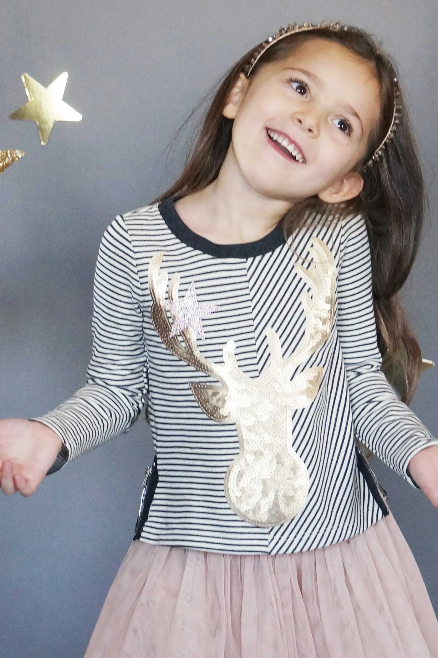 Girls Striped Long Sleeve Gold Sequin Reindeer Top