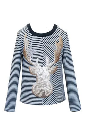 Girls Striped Long Sleeve Gold Sequin Reindeer Top