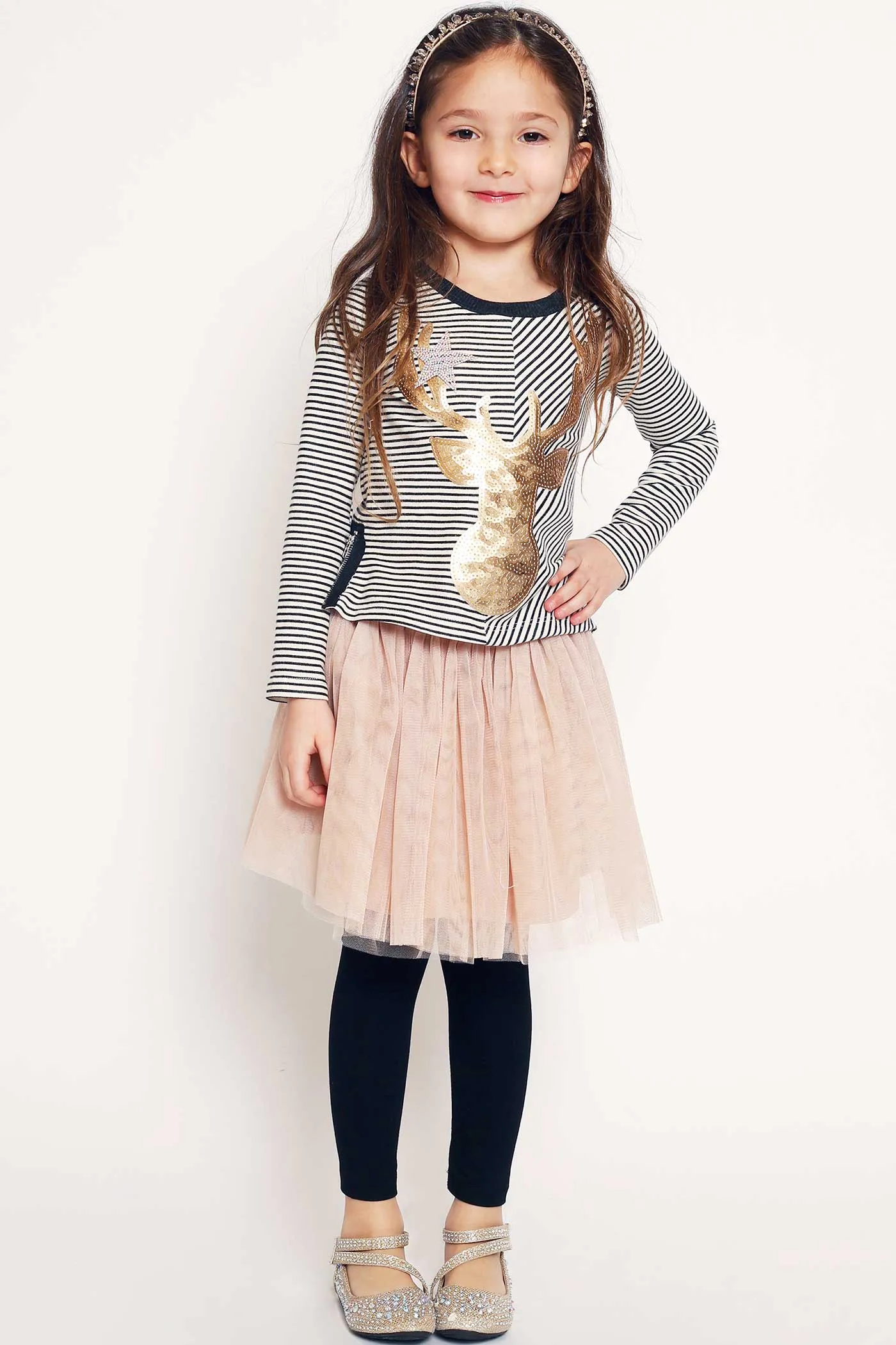 Girls Striped Long Sleeve Gold Sequin Reindeer Top