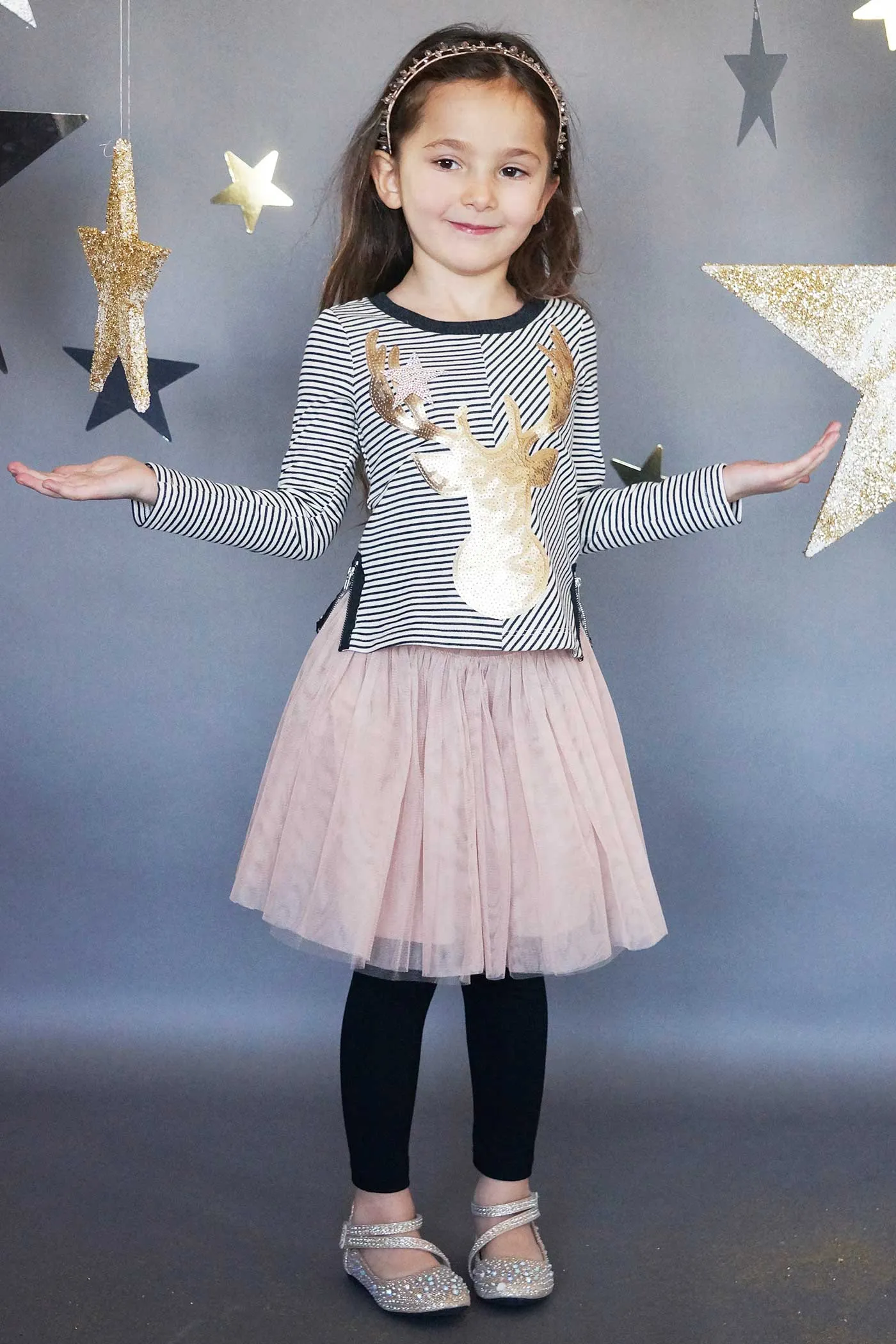 Girls Striped Long Sleeve Gold Sequin Reindeer Top