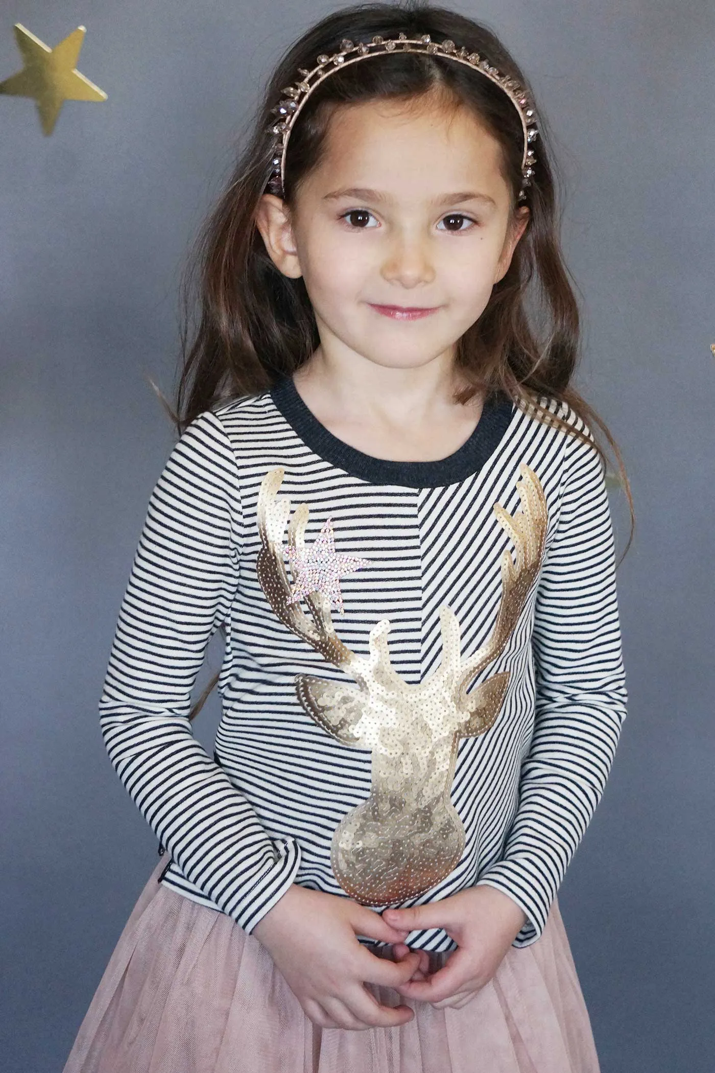 Girls Striped Long Sleeve Gold Sequin Reindeer Top