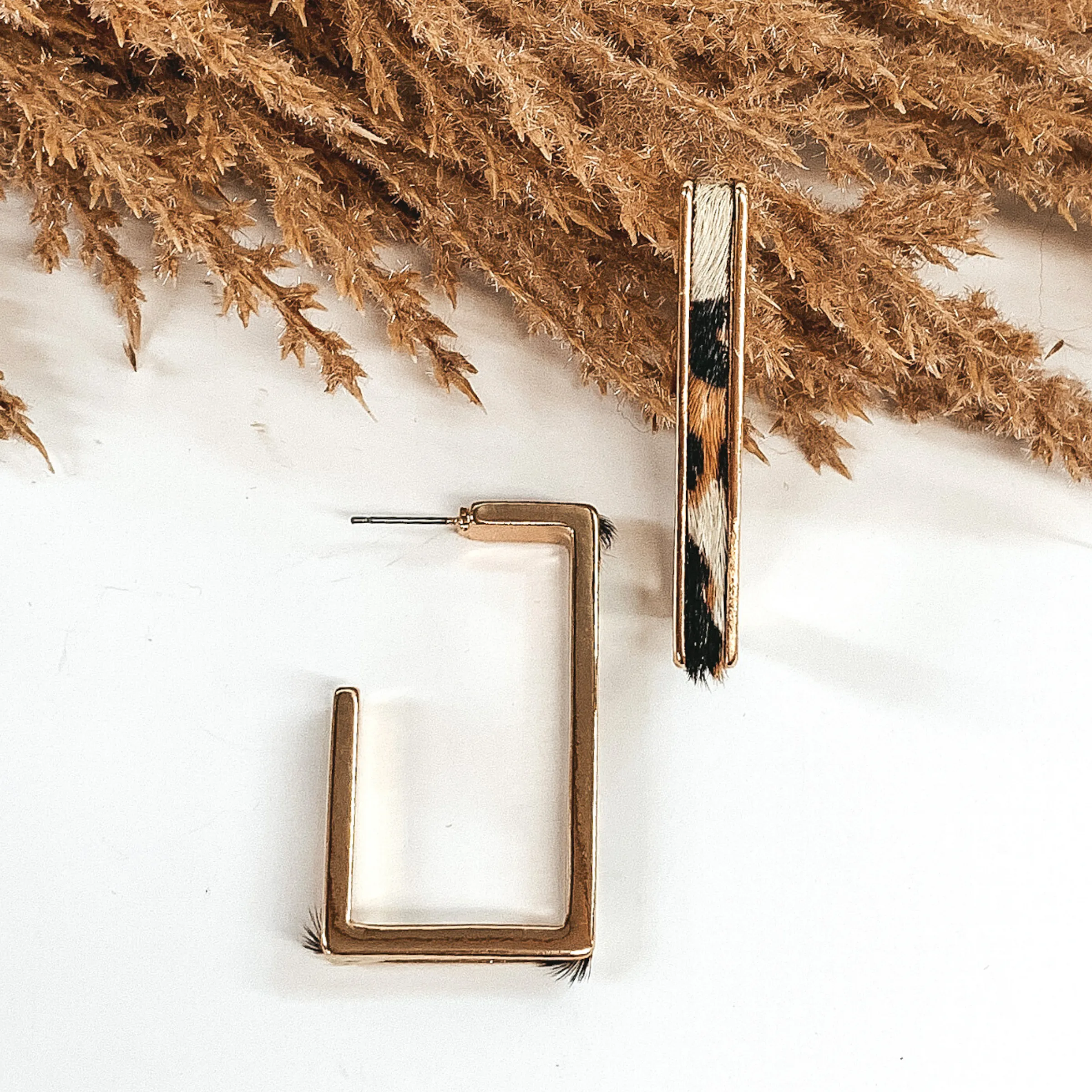 Gold Rectangle Hoops with Cow Hide Inlay in White Leopard Print