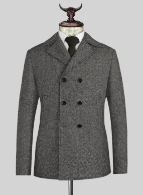 Gray Herringbone Flecks Donegal Tweed Pea Coat