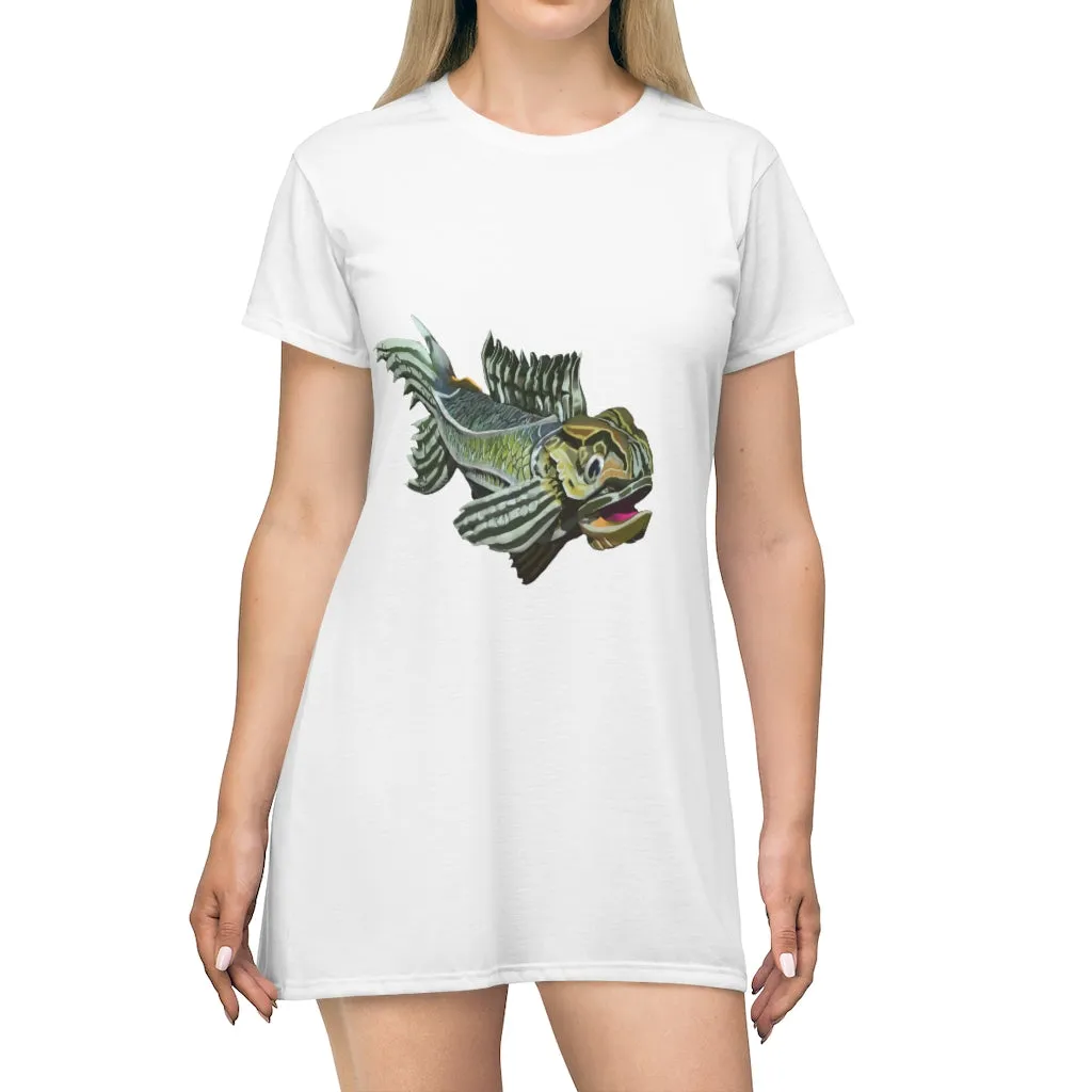 Green Fish All Over Print T-Shirt Dress