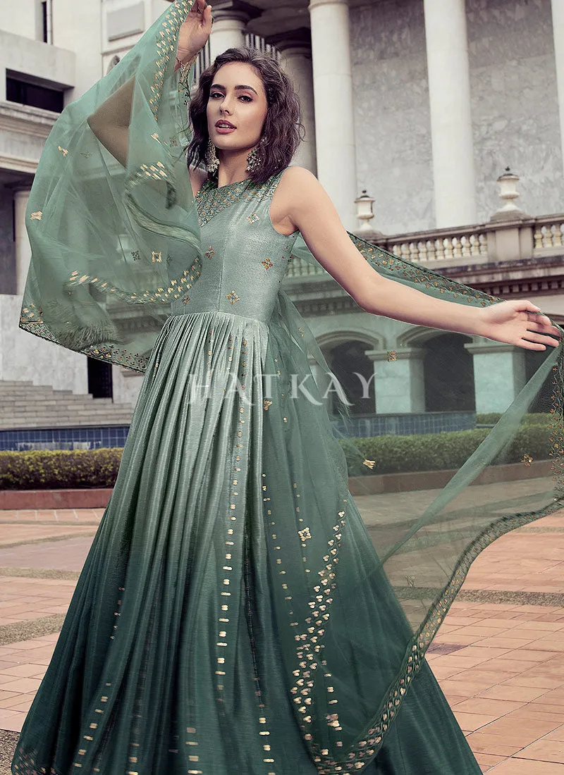 Green Sequence Embroidery Shaded Kalidar Anarkali Gown