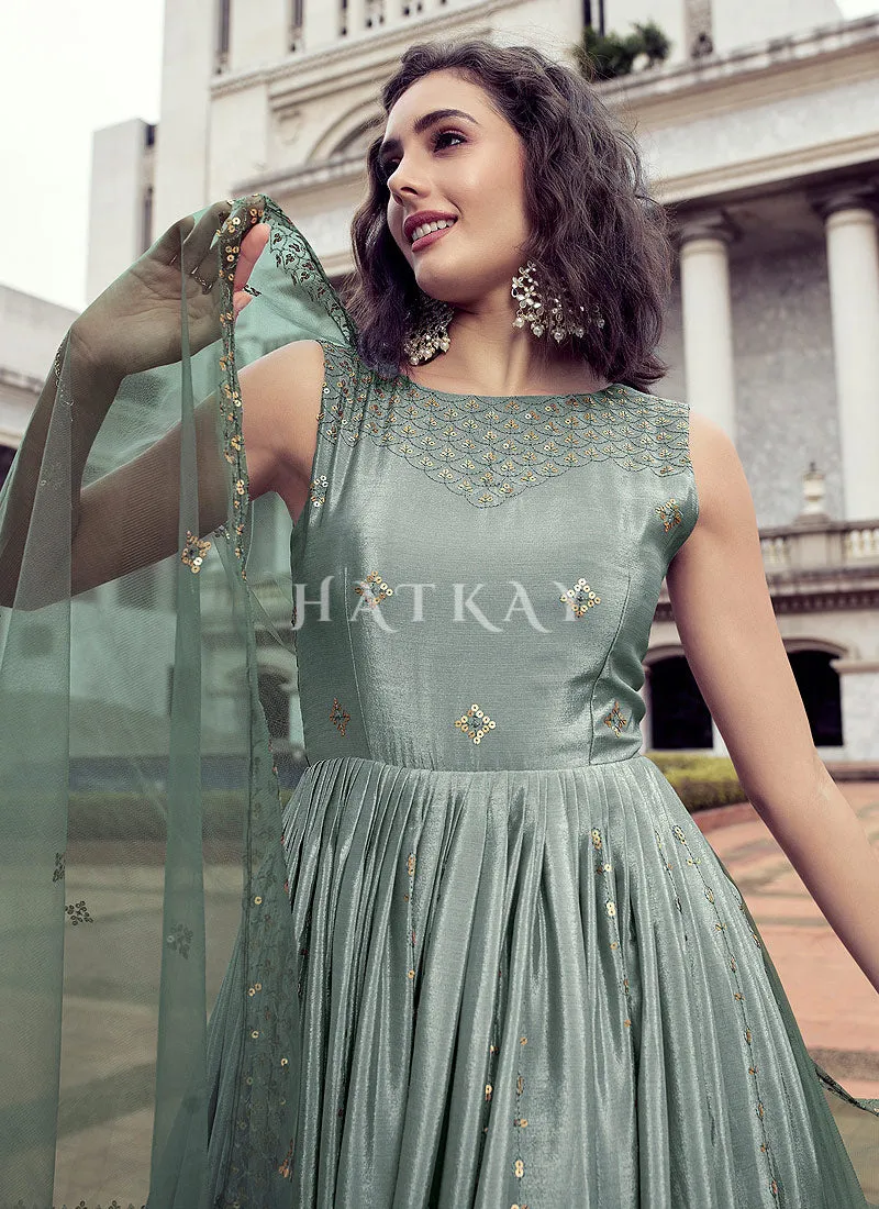 Green Sequence Embroidery Shaded Kalidar Anarkali Gown