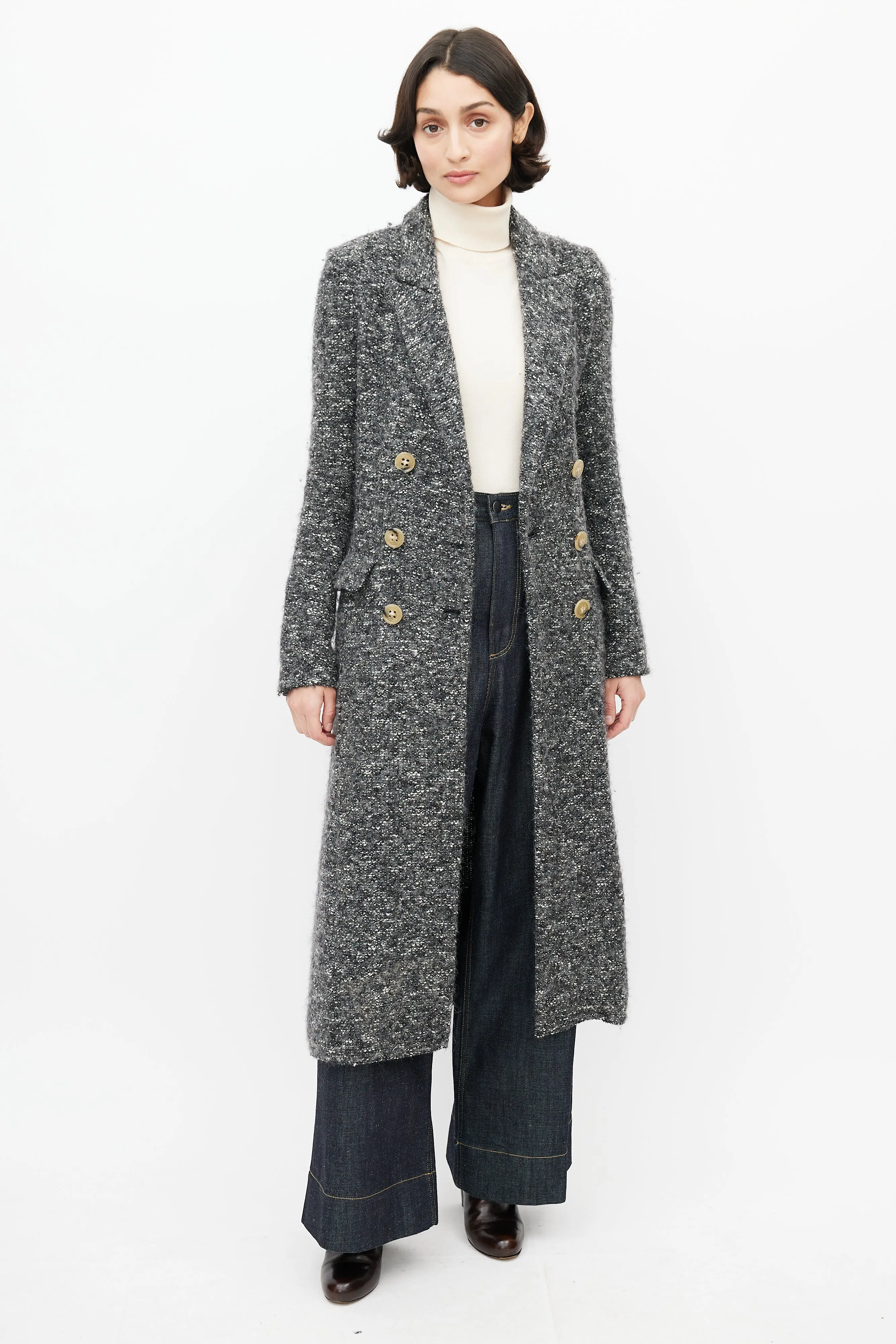 Grey & Black Double Breasted Boucle Coat