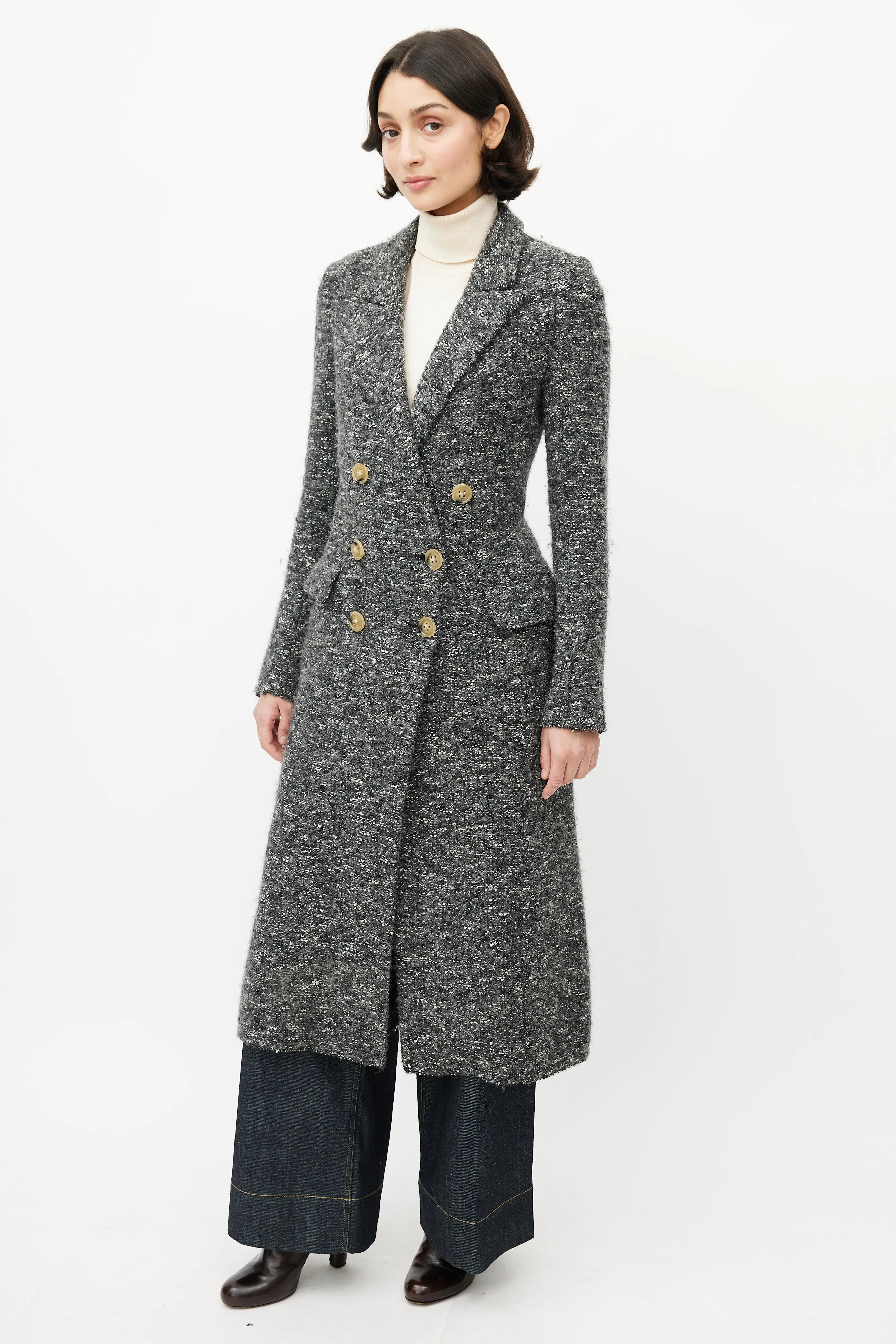 Grey & Black Double Breasted Boucle Coat