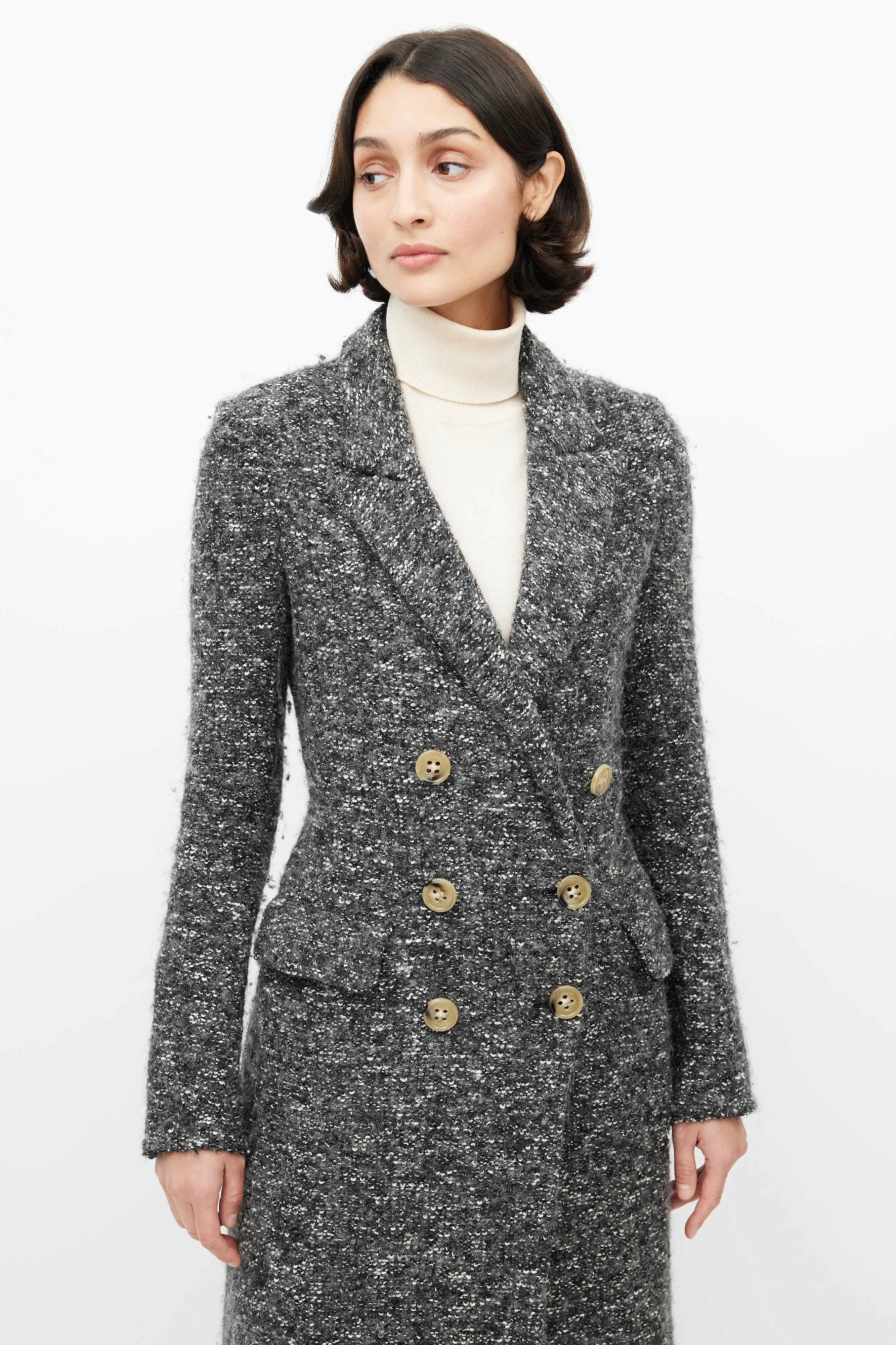 Grey & Black Double Breasted Boucle Coat