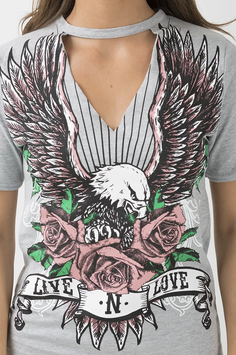 Grey Choker Live N Love Eagle Print T Shirt Dress - Tia