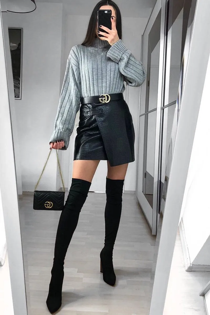 Grey Knit High Neck Jumper - Jaelynn