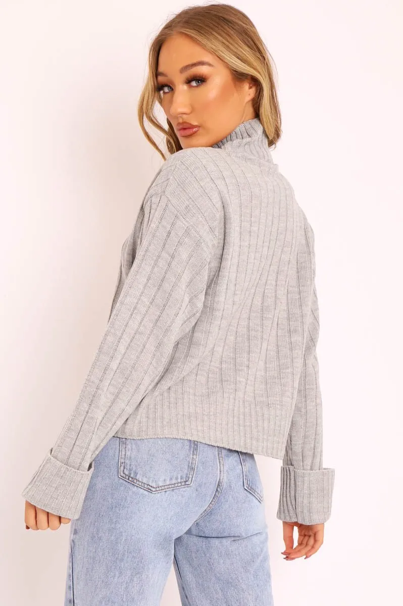 Grey Knit High Neck Jumper - Jaelynn