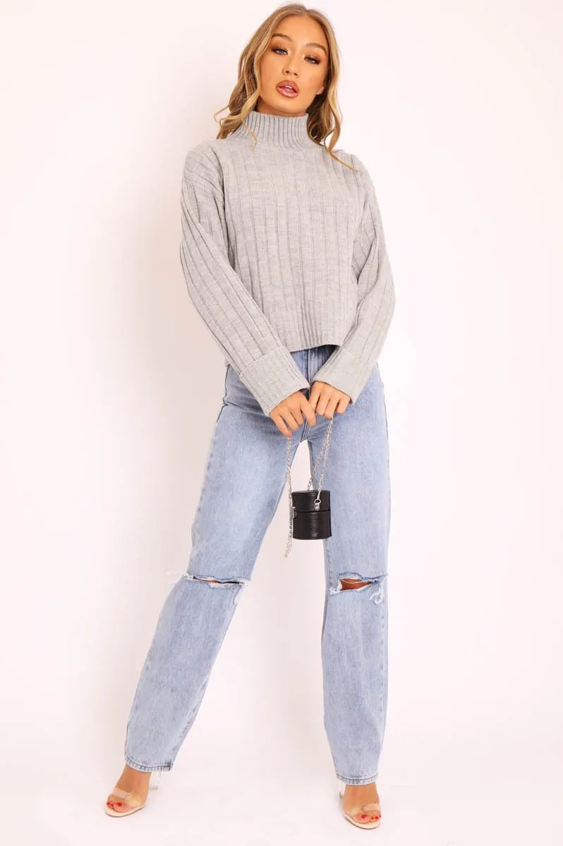 Grey Knit High Neck Jumper - Jaelynn