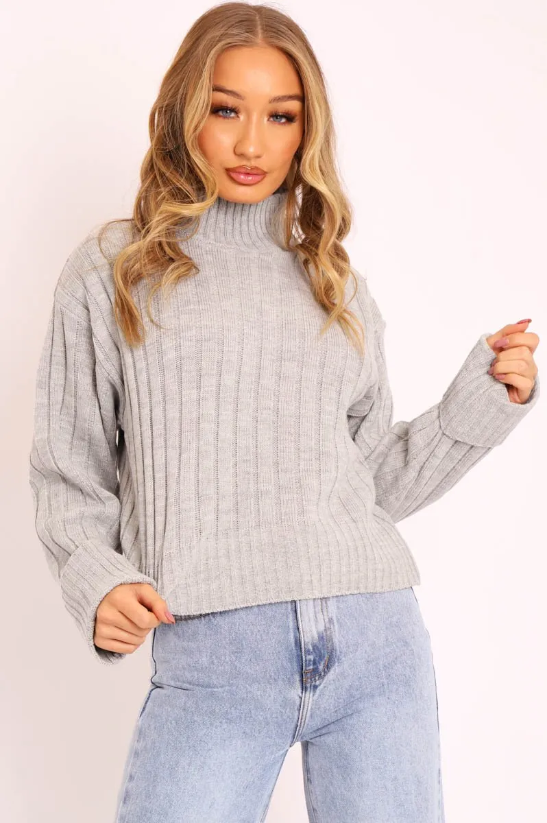 Grey Knit High Neck Jumper - Jaelynn