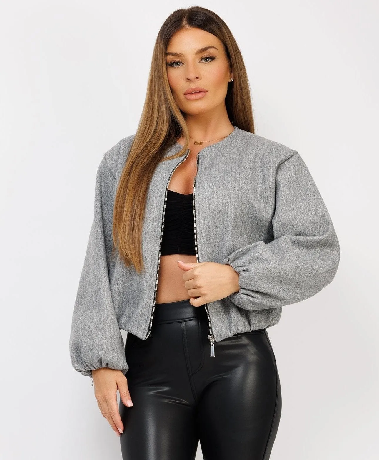 Grey Round Neck Zipped Soft Bomber Jacket