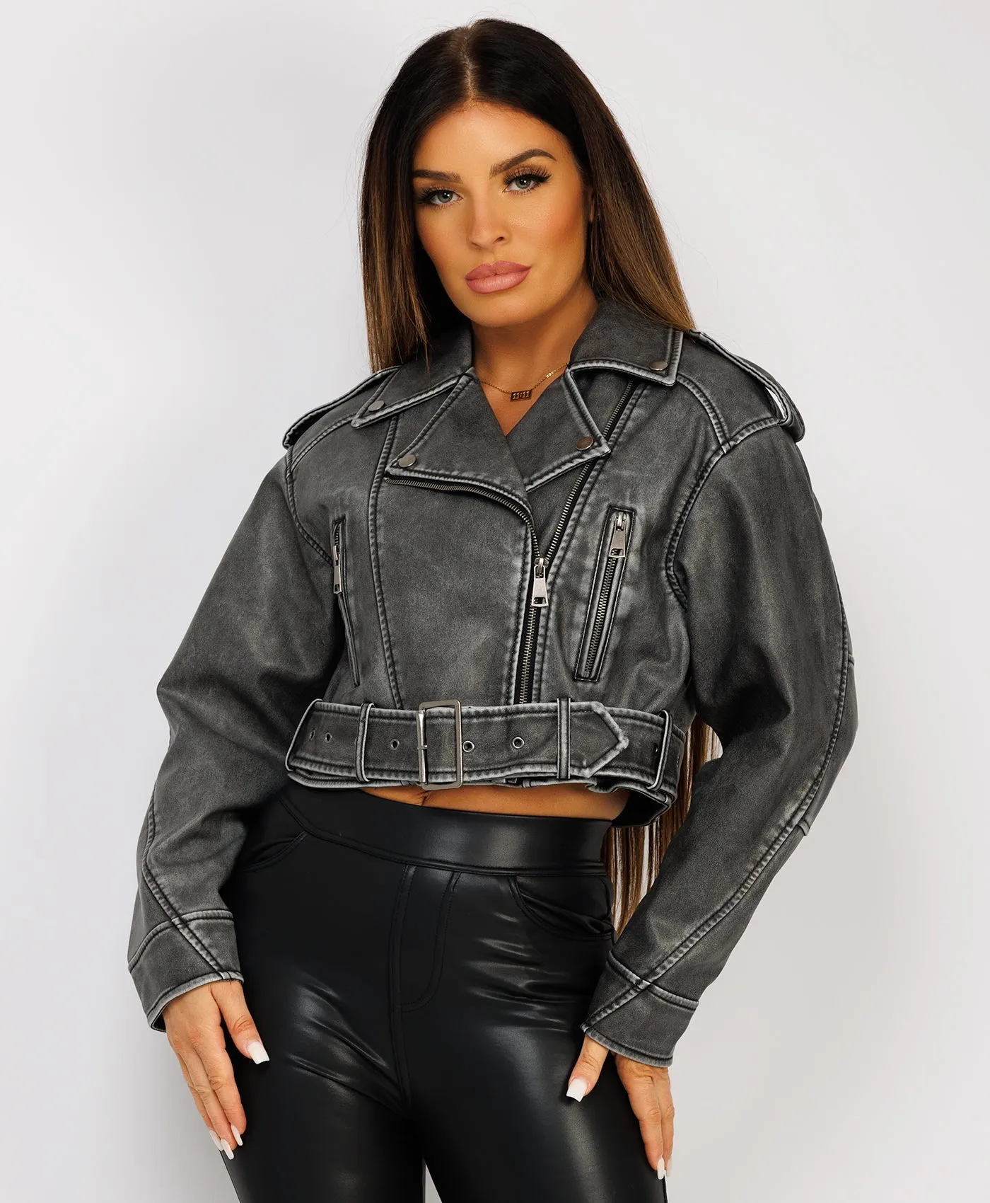 Grey Vegan Faux Leather Distressed Biker Jacket