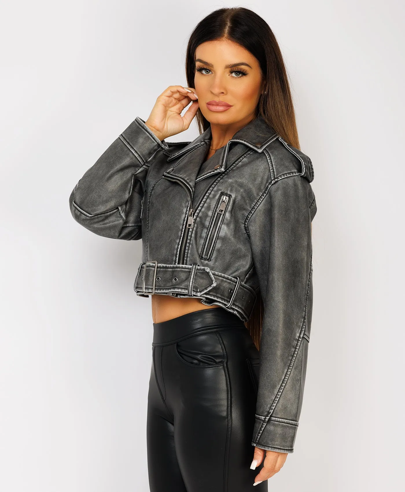 Grey Vegan Faux Leather Distressed Biker Jacket