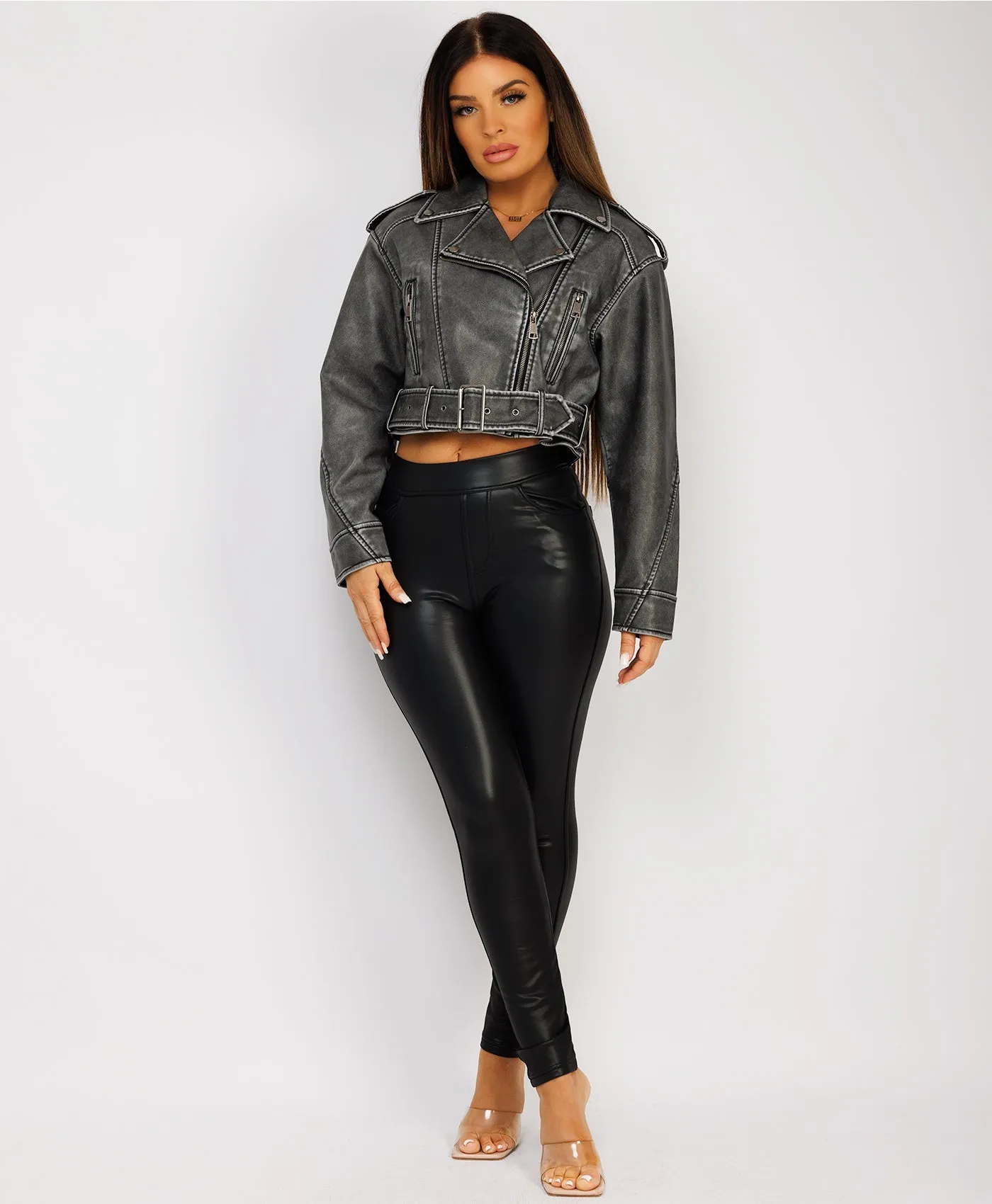 Grey Vegan Faux Leather Distressed Biker Jacket