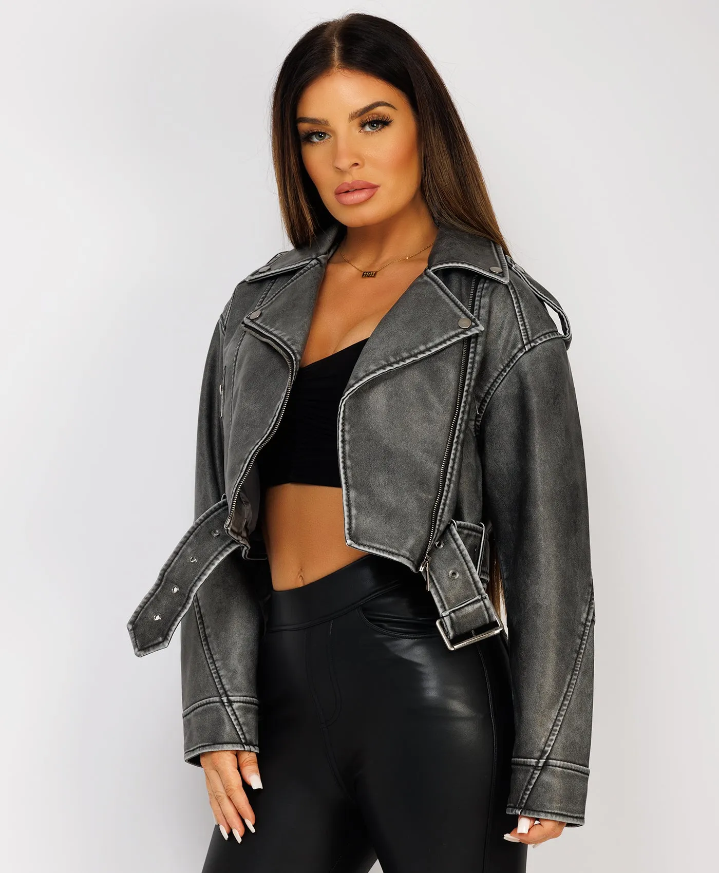 Grey Vegan Faux Leather Distressed Biker Jacket