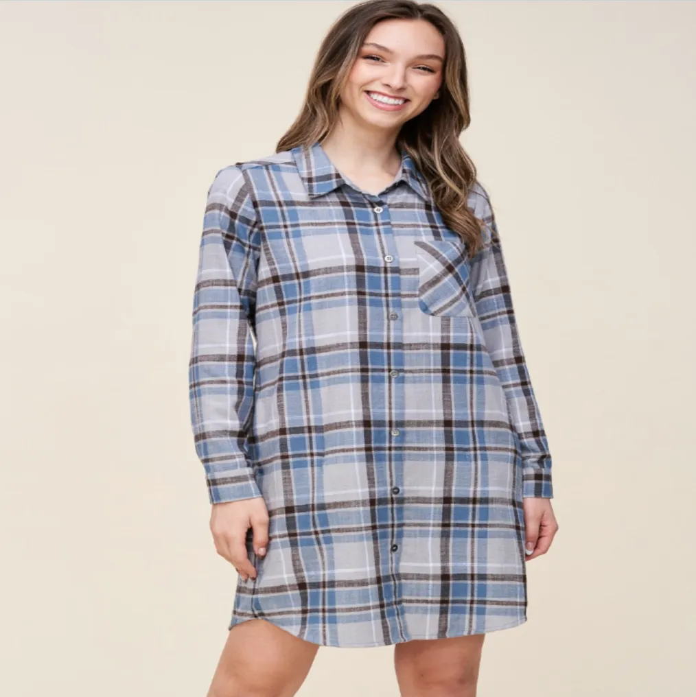 Grey/Blue Plaid Shirt Dress