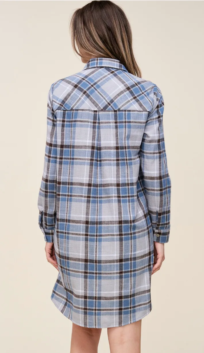 Grey/Blue Plaid Shirt Dress