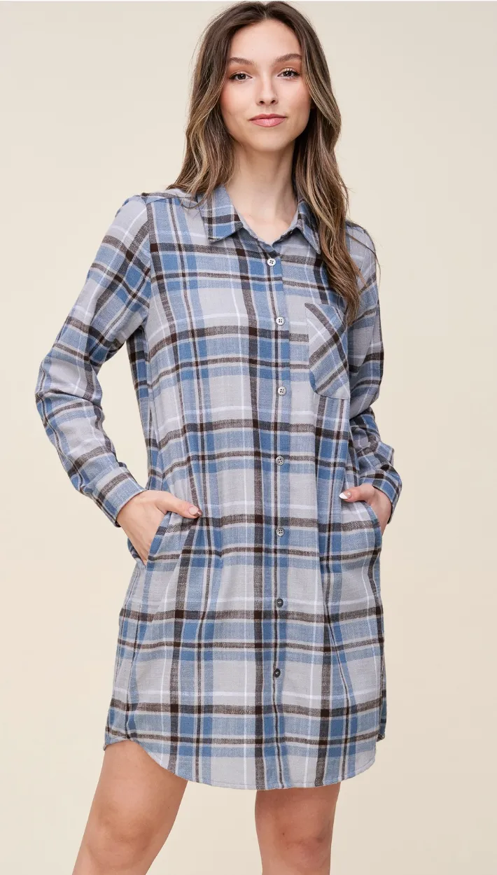 Grey/Blue Plaid Shirt Dress