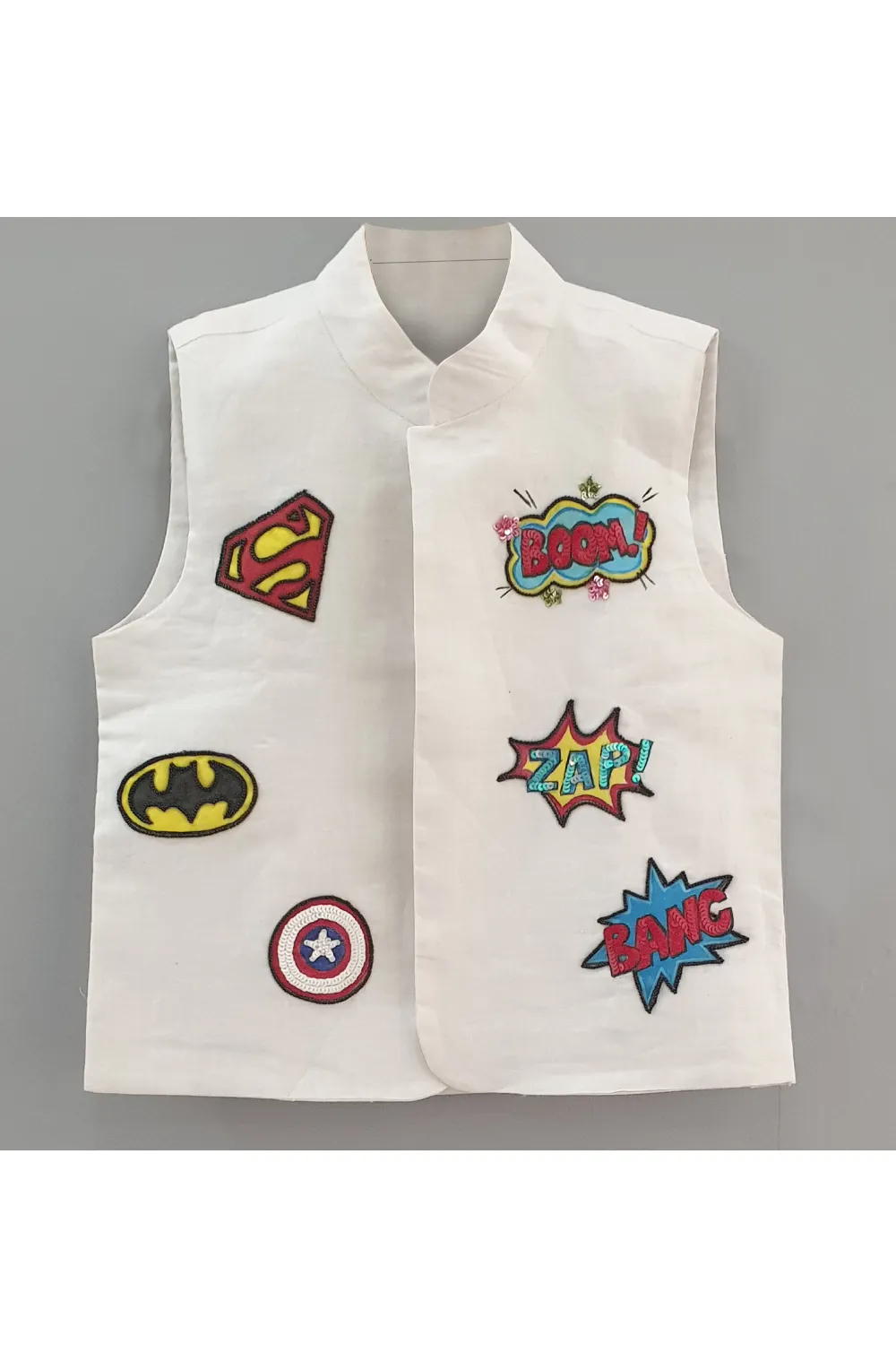 Hand painted super hero logos white waist coat