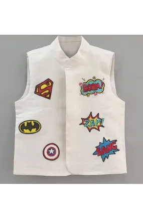 Hand painted super hero logos white waist coat