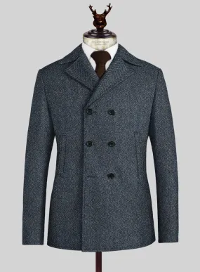 Harris Tweed Wide Herringbone Blue Pea Coat