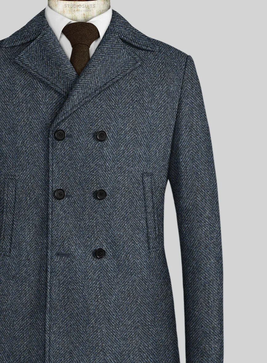 Harris Tweed Wide Herringbone Blue Pea Coat