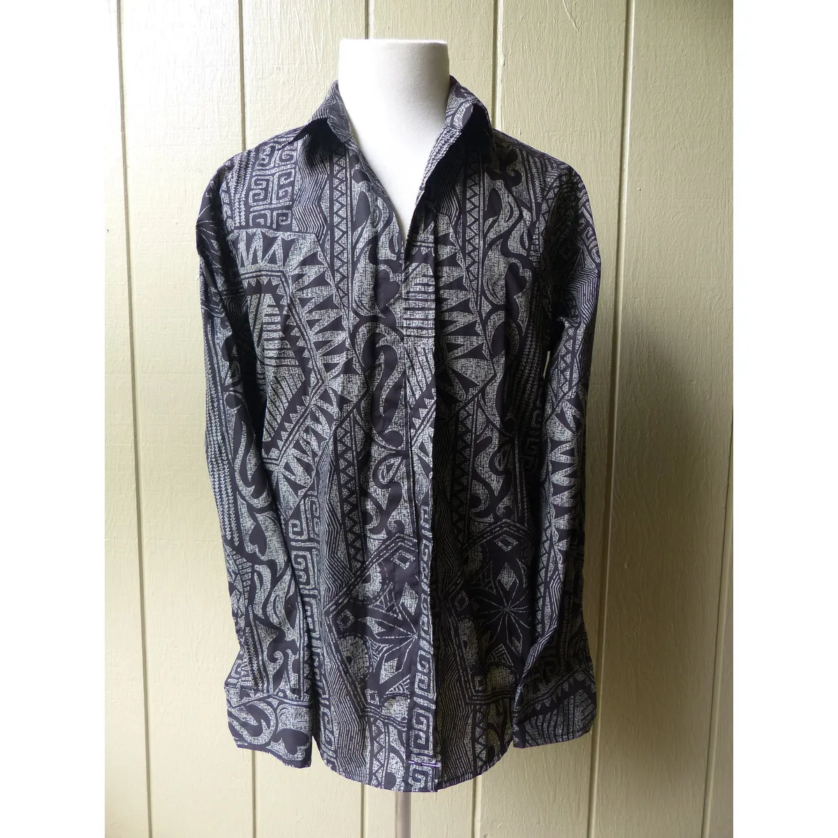 Hawaiian Shirt in Grey Tapa Print | Long Sleeve Dress Shirt