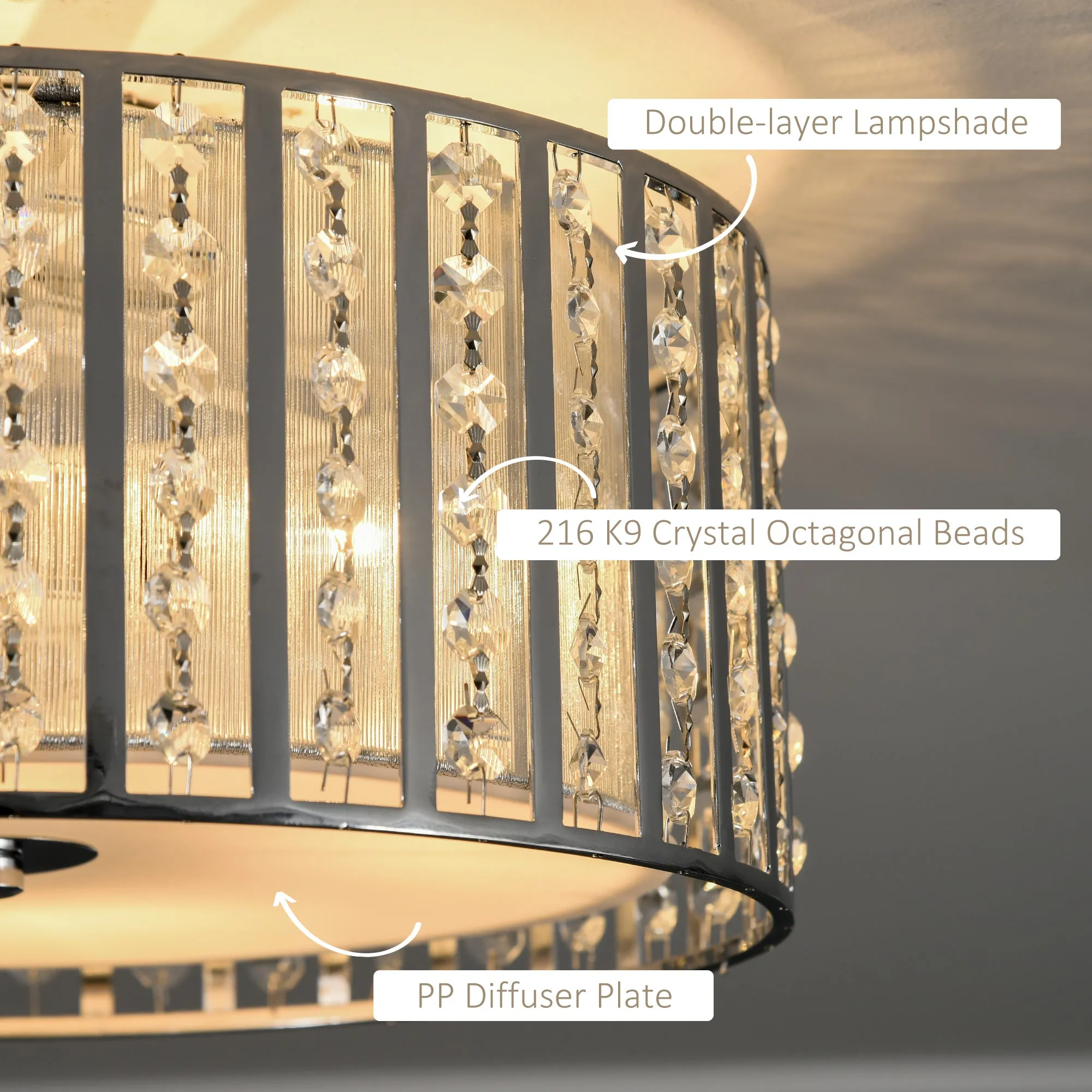 HOMCOM Elegant Crystal Chandelier Ceiling Light with Double Layer Lampshade