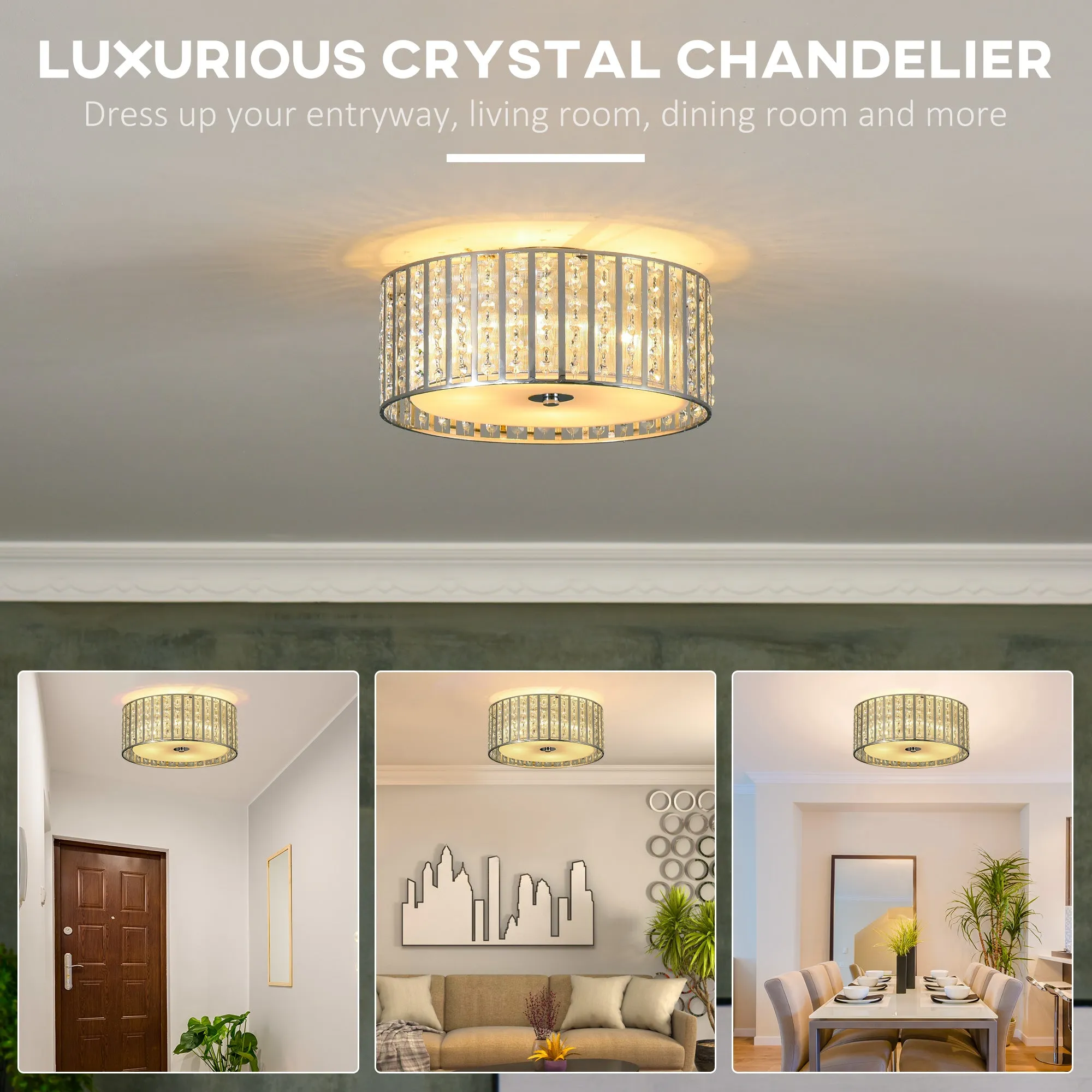 HOMCOM Elegant Crystal Chandelier Ceiling Light with Double Layer Lampshade