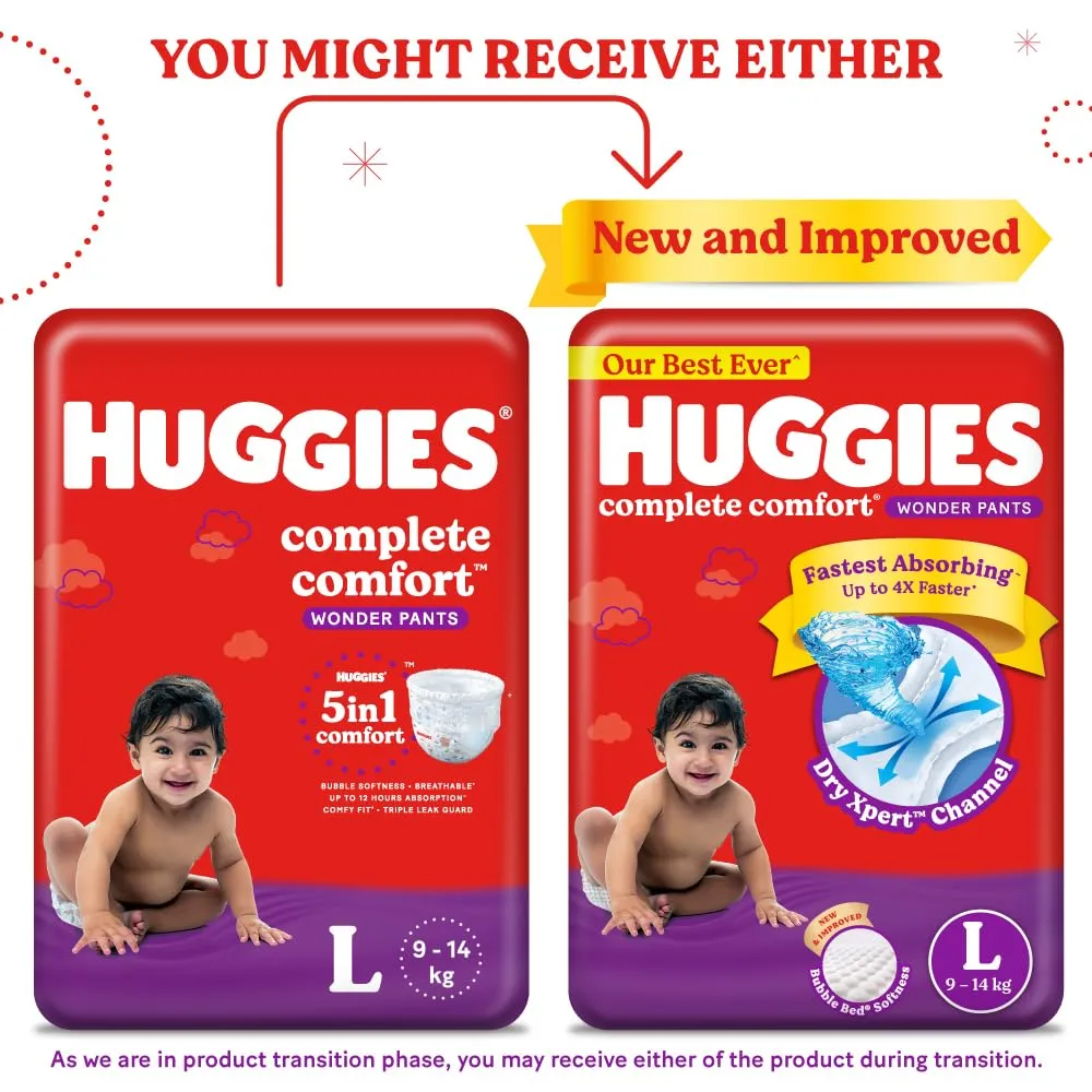 Huggies Complete Comfort Wonder Pants Large (L) Size (9-14 Kgs) Baby Diaper Pants, 84 count| India's Fastest Absorbing Diaper with upto 4x faster absorption | Unique Dry Xpert Channel