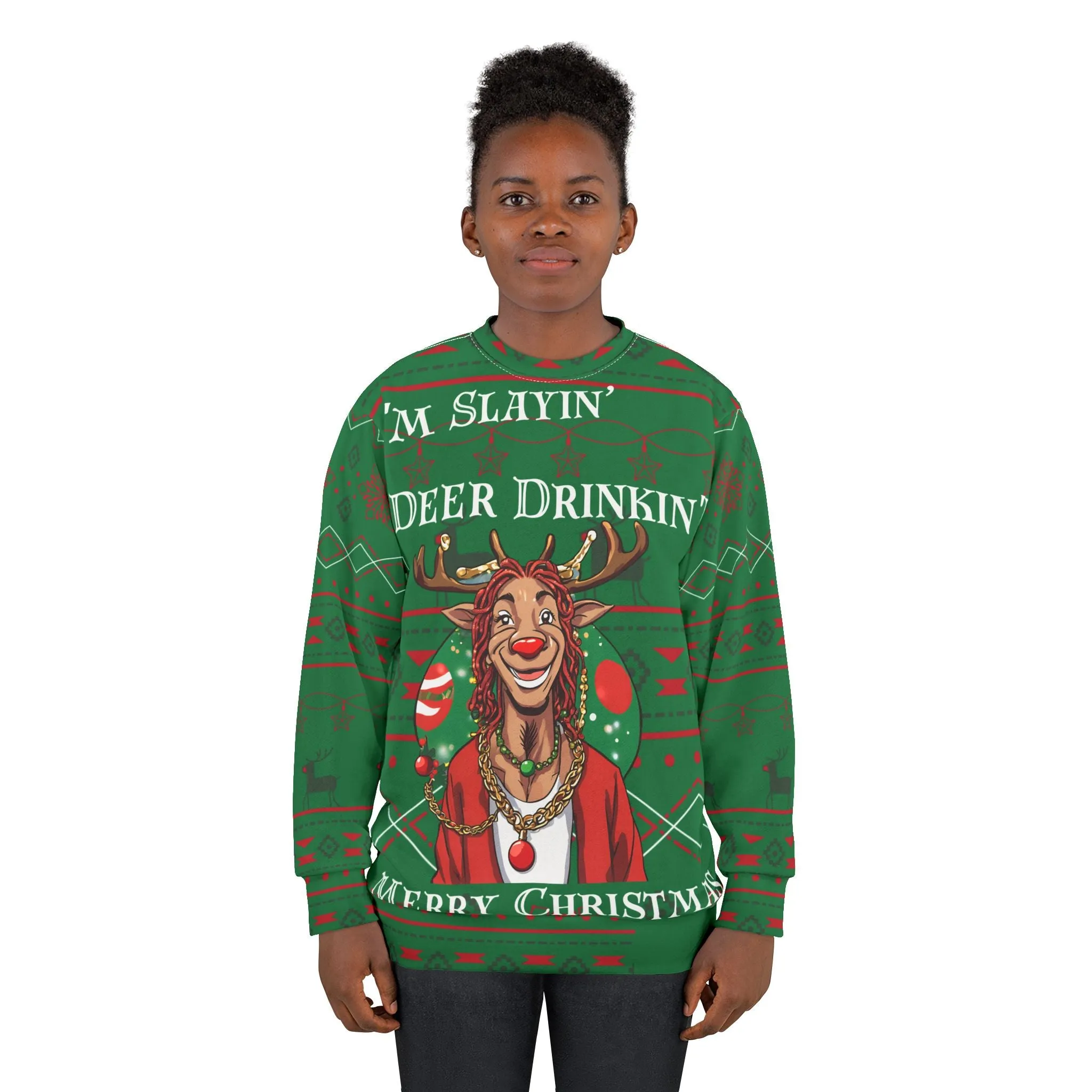 Im Slayin Deer Drinkin' Unisex Sweatshirt - Red, Green, White Holiday Reindeer Print