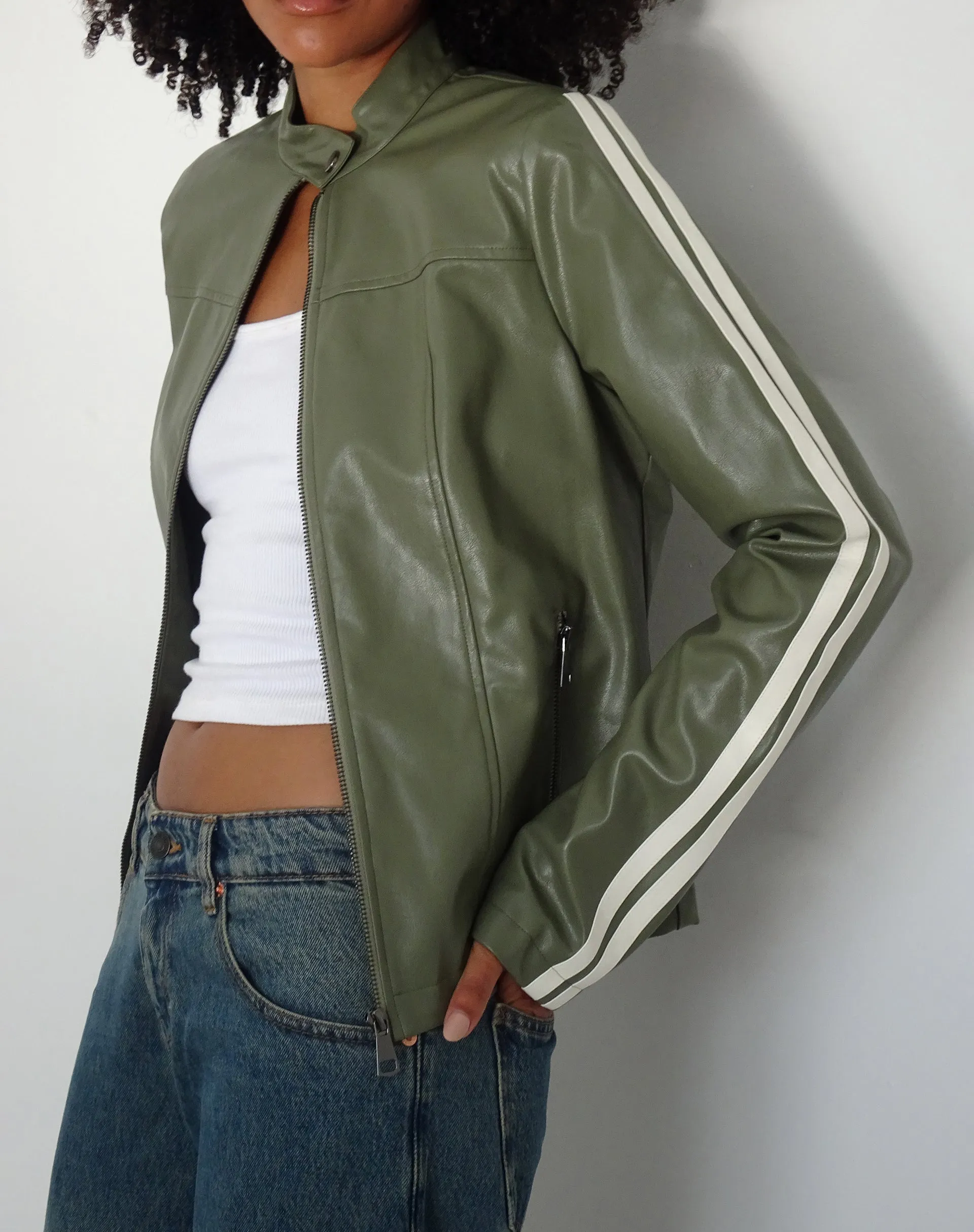 Jacquie Zip Up Biker Jacket in PU Green with Ivory Stripe