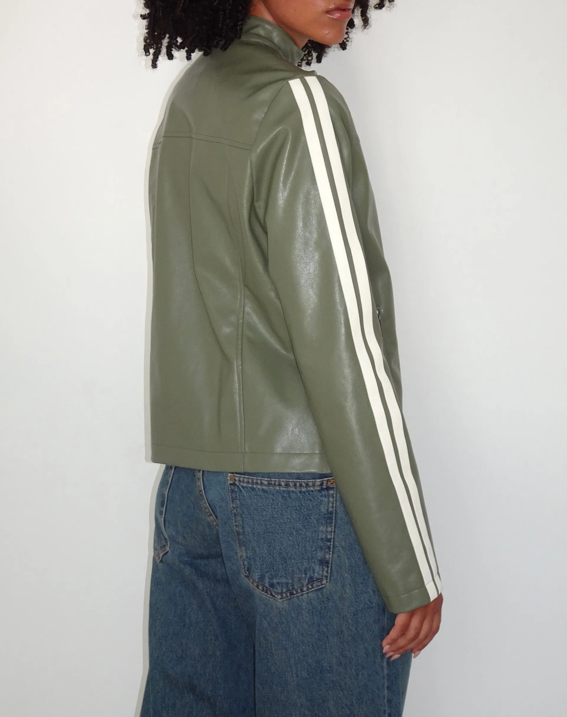 Jacquie Zip Up Biker Jacket in PU Green with Ivory Stripe